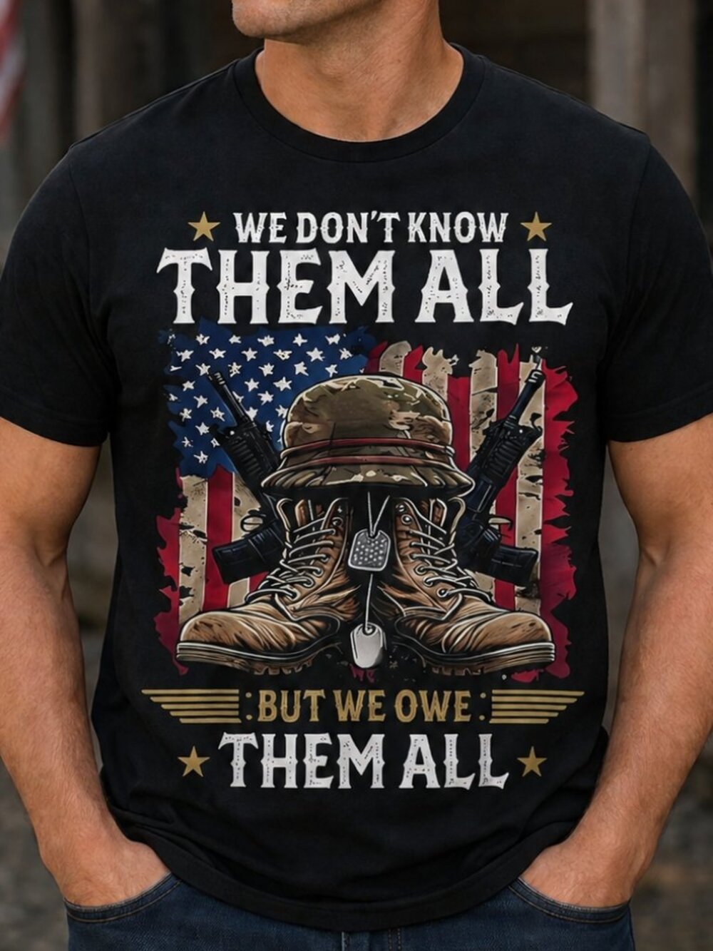 NWT Mens Large L T-Shirt Tee Black Cotton Veteran Shirt We Dont Know Them All
